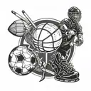 A dynamic composition featuring elements from hockey, basketball, cricket, and football intertwined to represent your love for sports tattoo design idea
