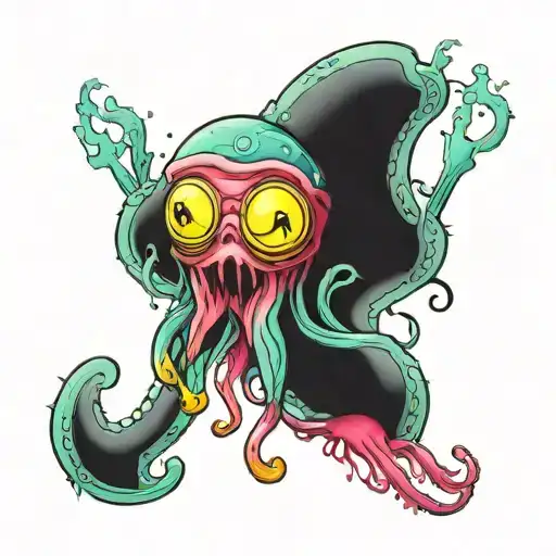 A SpongeBob style jellyfish with ANAGLYPH effect reaper tattoo design idea
