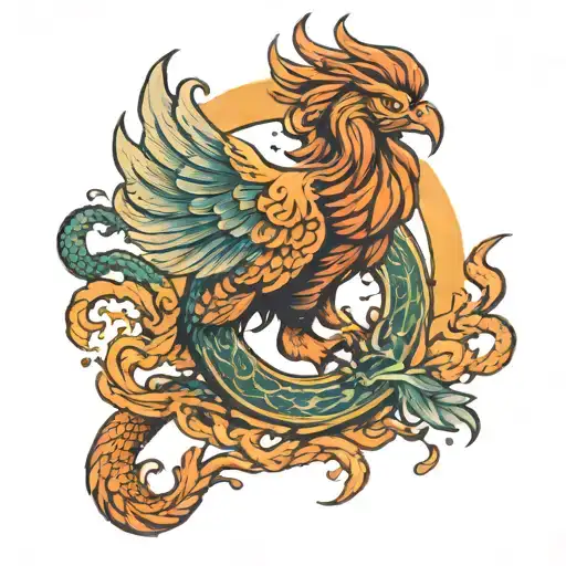 a phoenix flying, below a lion and a snake tattoo design idea