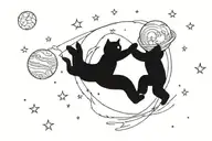 background scenery with planets orbiting a fireball with an astronaut cat playing with the sparks coming out of the fire tattoo design idea