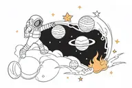 background scenery with planets orbiting a fireball with an astronaut cat playing with the sparks coming out of the fire tattoo design idea