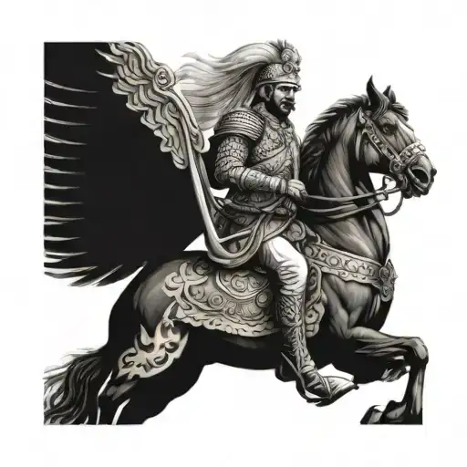 A portrait of Maharana Pratap Singh riding a majestic hawk into battle tattoo design idea
