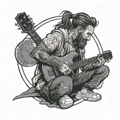 a man with a guitar squatting, a little girl reaching out to a square neon sign that says nbl nation, and music stuff tattoo design idea