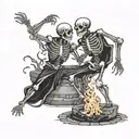 Two skeletons dancing around fire pit tattoo design idea
