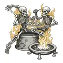 Two skeletons dancing around fire pit tattoo design idea