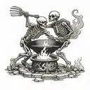 Two skeletons dancing around fire pit tattoo design idea