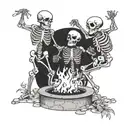 Two skeletons dancing around fire pit tattoo design idea