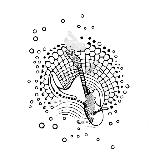 A minimalist tattoo of a guitar fretboard with water droplets representing hydrology tattoo design idea
