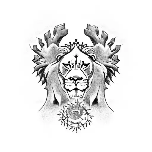 statue lion with the earth under the paw, crown of thorns, angel, ouroborous, atlantis tattoo design idea