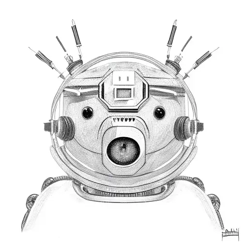 Black and white robot bear with red glowing eyes in barbed wire tattoo design idea