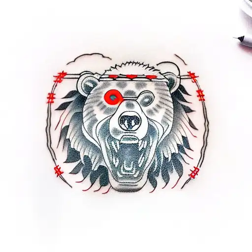 Bear with red glowing eyes in barbed wire tattoo design idea