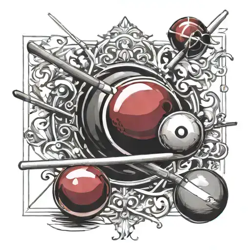 Red snooker balls incorporated with two snooker cues crossing behind them tattoo design idea
