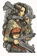 girl with long hair an two guns  tattoo design idea