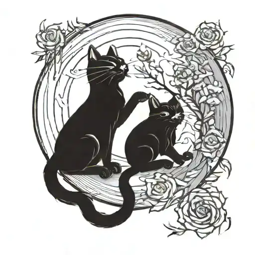 2 black cats looking up at the moon tattoo design idea