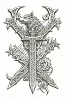 Slavic sword, Old Slavic language, magic, thunderstorm, thorn, moon, wolf, snow tattoo design idea