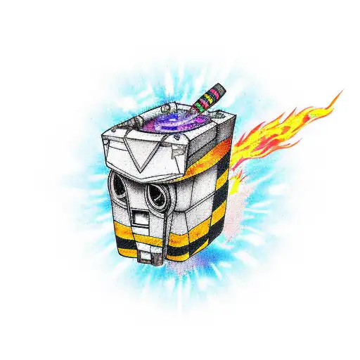 claptrap on fire with nat 1 d20 tattoo design idea