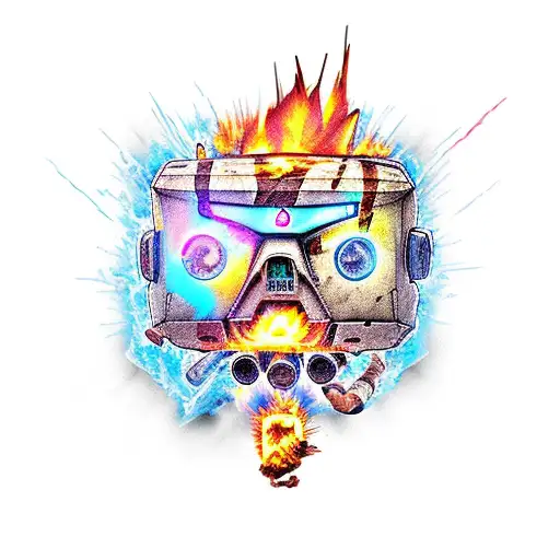  borderlands claptrap on fire with nat 1 d20 tattoo design idea