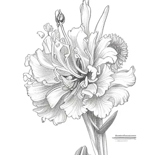  a bouquet of flowers with simpley drawn Rose, Gladiolus, September Aster 4. November Chrysanthemum, December Narcissus tattoo design idea