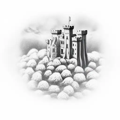 a small castle of Suffolk on hills tattoo design idea