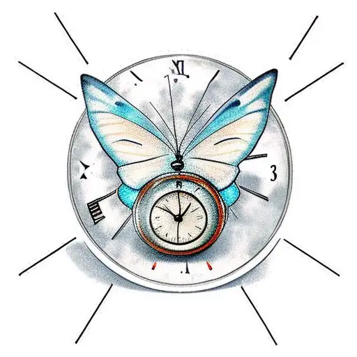 butterfly with alarm clock set to 3am, a moon, a coffee cup next to clock at midnight, in it tattoo design idea