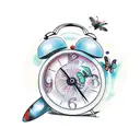 butterfly with alarm clock set to 3am, a moon, a coffee cup next to clock at midnight, in it tattoo design idea