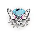butterfly with alarm clock set to 3am, a moon, a coffee cup next to clock at midnight, in it tattoo design idea