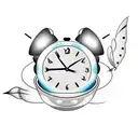 butterfly with alarm clock set to 3am, a moon, a coffee cup next to clock at midnight, in it tattoo design idea