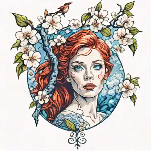 red haired girl with blue eyes in a garden of cherry trees tattoo design idea