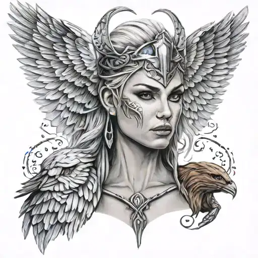 Valkyrie, Nordic mythology with beautiful face tattoo design idea