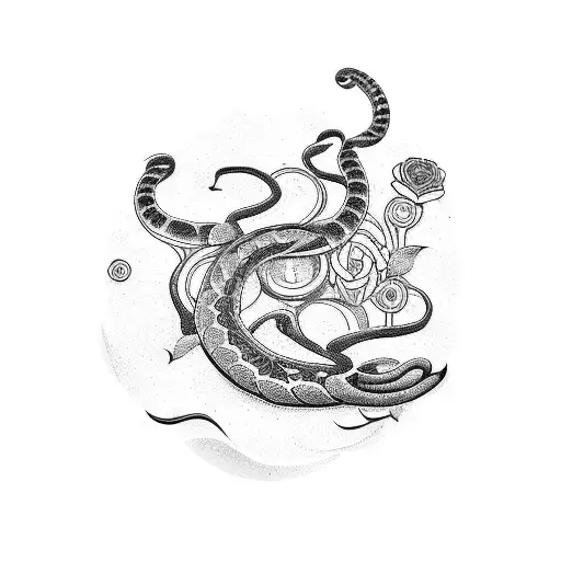A dotwork tattoo of a serpent coiled around a mechanical cog, surrounded by flowers and foliage tattoo design idea
