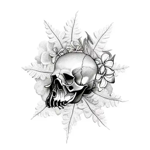 a black and gray tattoo of a raven skull with hibiscus flowers plumeria flowers, and crystals growing out of it.  tattoo design idea