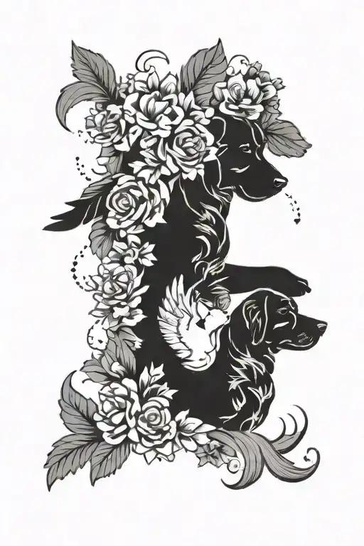 the names karen with dog paws and the name katie with doves and clouds around everything tattoo design idea