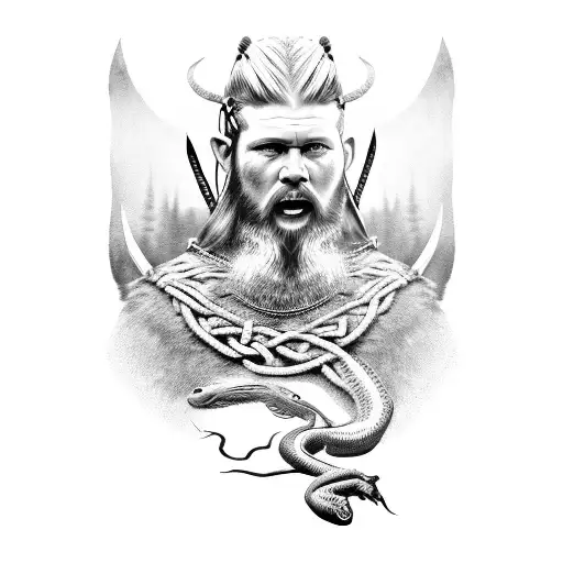 Photorealistic portrait of a Viking warrior with a snake tattoo on his arm, standing in a dark fantasy landscape tattoo design idea