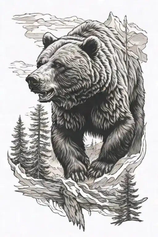 angry bear, Forest mountains,  tattoo design idea