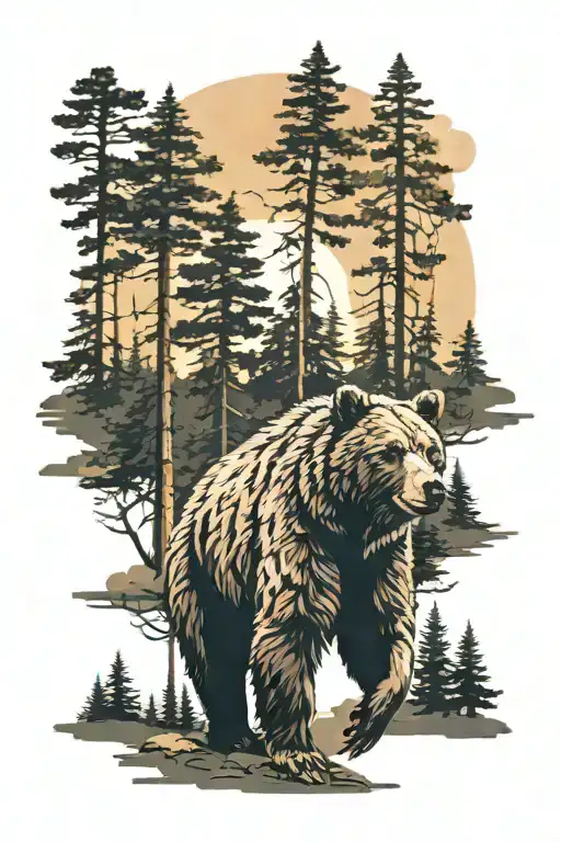 Forest, small bear charging, tall pine trees colors sunset tattoo design idea