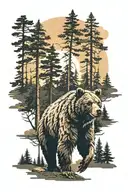 Forest, small bear charging, tall pine trees colors sunset tattoo design idea
