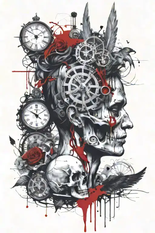  needs to have a ancient greek goddess head make it like it is cut through and inside is a scull and some old clock abov tattoo design idea