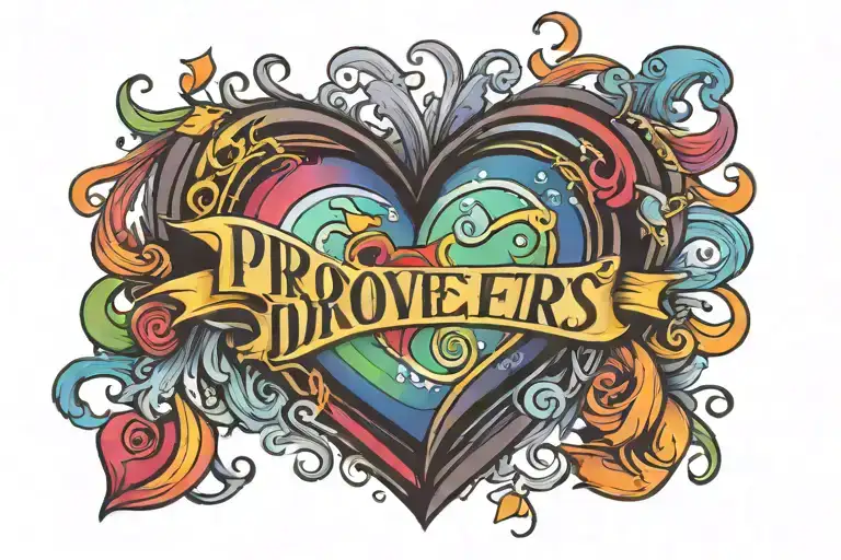 rainbow heart that says proverbs 3:5-8 and has light rays coming from the heart tattoo design idea