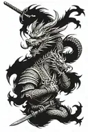 flaming dragon and samurai with sword, this tattoo should adapt to the anatomy of the upper part of an arm tattoo design idea