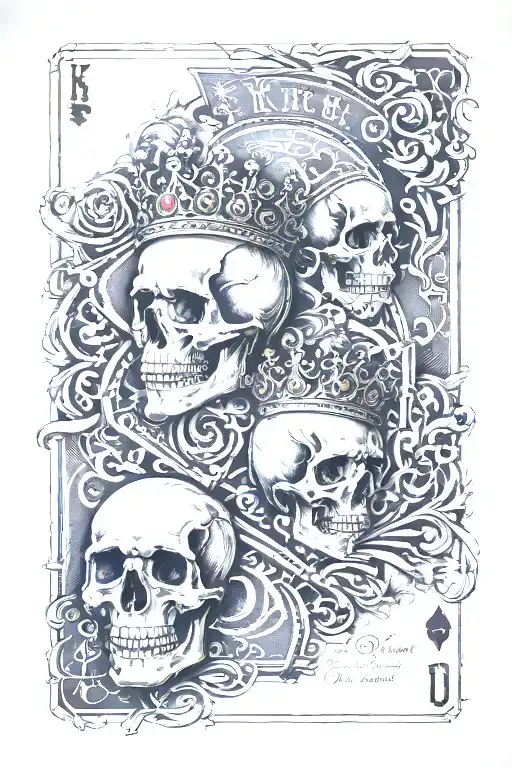 old cards, with strong shades, frayed card edges. king, queen, jack and ace. with skull details tattoo design idea