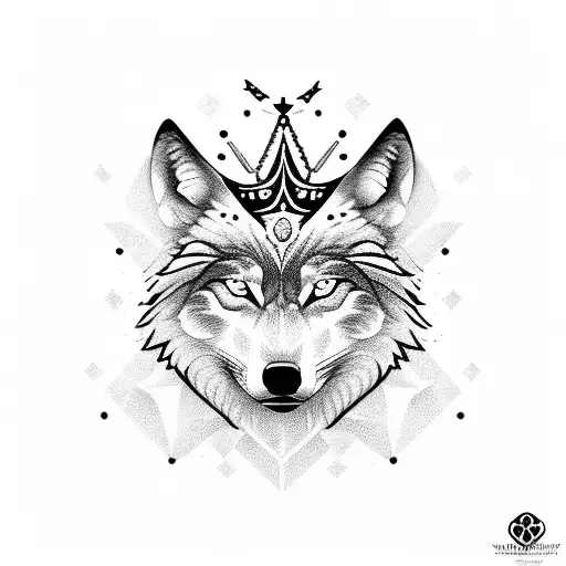 traditional wolf with crown on head tattoo design idea