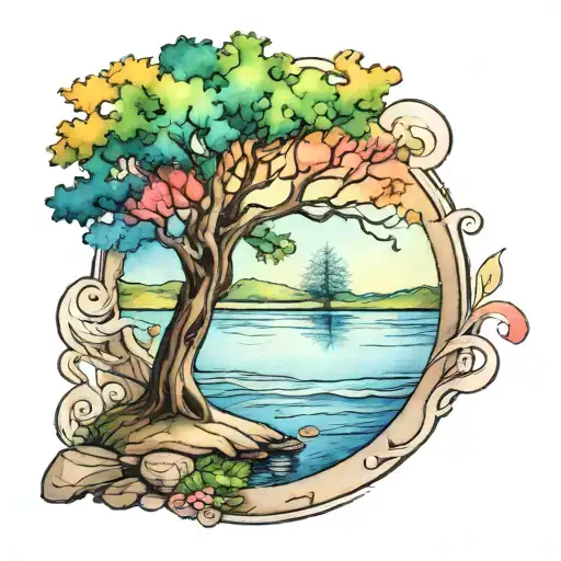 watercolor tree tattoo with lake scene on my forearm  tattoo design idea