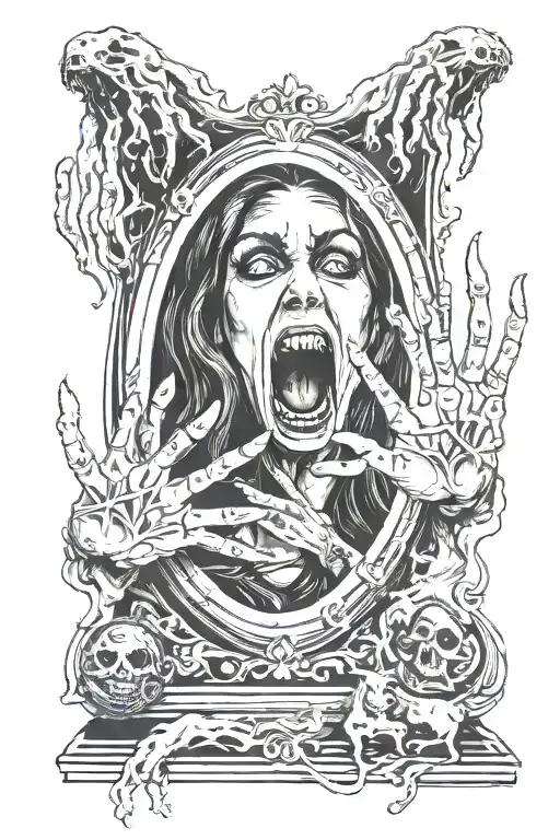 ghost hunting phasmophobia ghosts horror banshee woman screaming in mirror UV handprint on the mirror  tattoo design idea