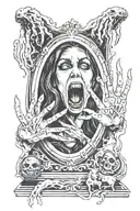 ghost hunting phasmophobia ghosts horror banshee woman screaming in mirror UV handprint on the mirror  tattoo design idea