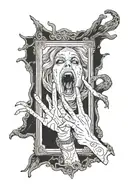 ghost hunting phasmophobia ghosts horror banshee woman screaming in mirror UV handprint on the mirror on a tarot card  tattoo design idea