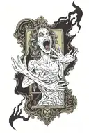 ghost hunting phasmophobia ghosts horror banshee woman screaming in mirror UV handprint on the mirror on a tarot card  tattoo design idea