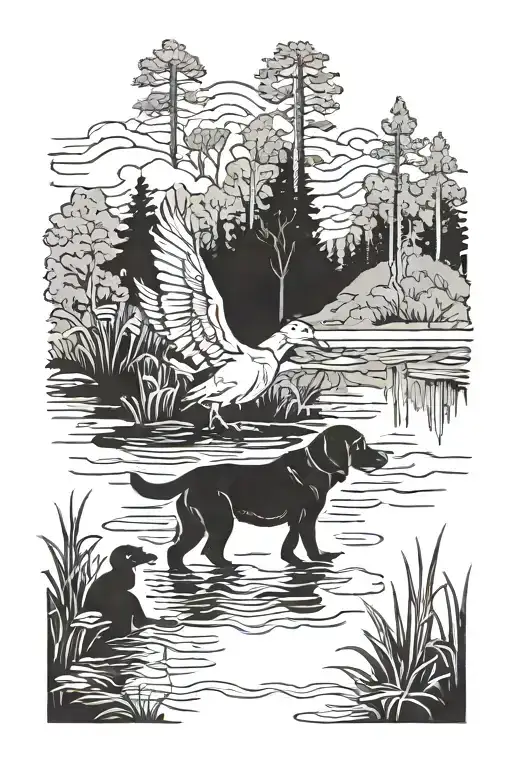 duck hunting pond with dog tattoo design idea