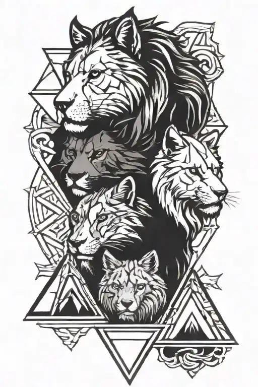 cat head, lion head, wolf head, pyramid surrounded tattoo design idea
