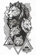 cat head, lion head, wolf head, pyramid surrounded tattoo design idea