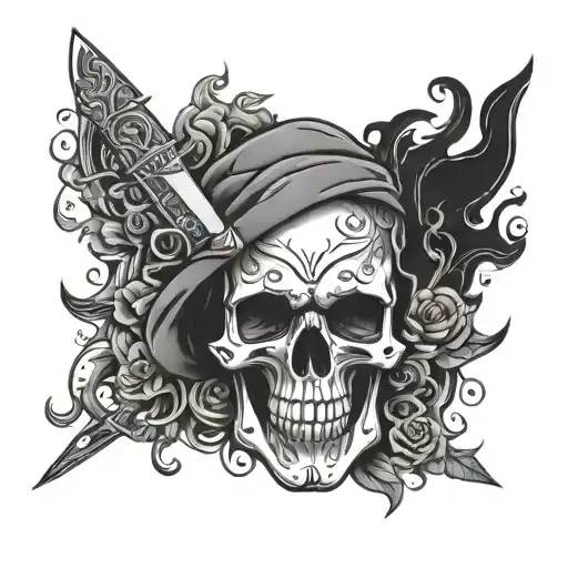 A skull with intricate knife designs carved into it, symbolizing a passion for true crime and sharp objects tattoo design idea